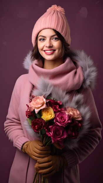 Femme tenant un fleuriste de bouquet de fleurs en hiver