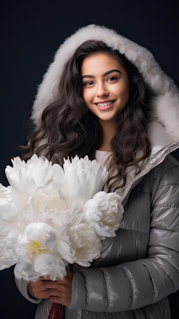 Femme tenant un fleuriste de bouquet de fleurs en hiver