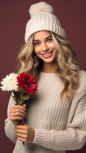 Femme tenant un fleuriste de bouquet de fleurs en hiver