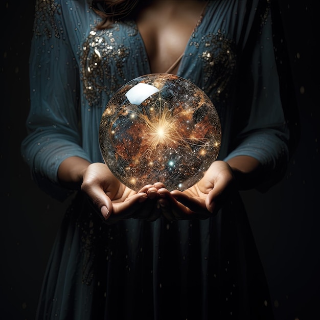 Photo une femme tenant un globe avec l'univers en arrière-plan