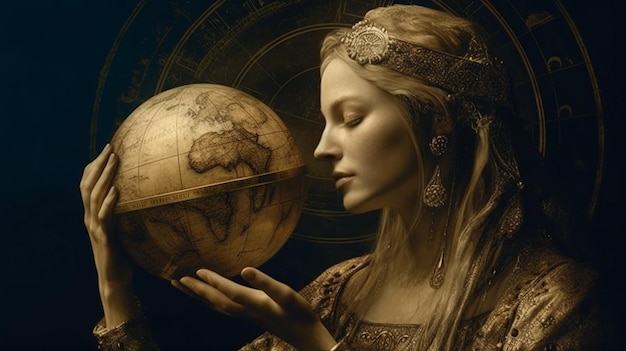 Femme tenant un globe vintage art Generative AI