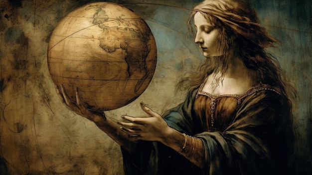 Photo femme tenant un globe vintage art generative ai