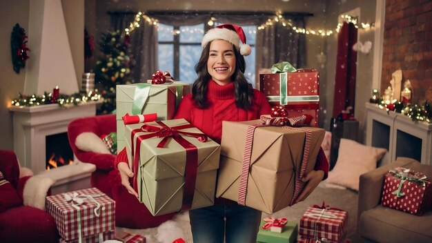 Une femme tenant de grandes boîtes de Noël