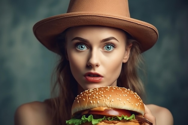 Femme tenant un hamburger devant son visage