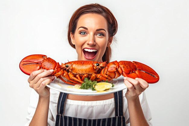 Photo une femme tenant des homards sur une assiette avec un coin de citron dessus