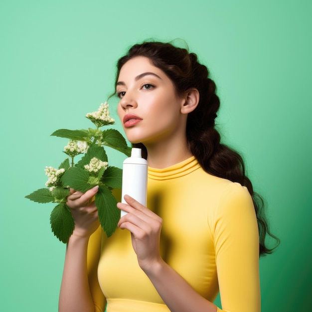 Une femme tenant une lotion à côté d'une plante