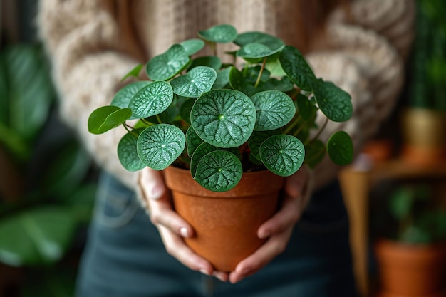 Photo femme tenant à la main un pot en terre cuite avec une pilea peperomioides connue sous le nom d'amant de la plante d'argent chinoise