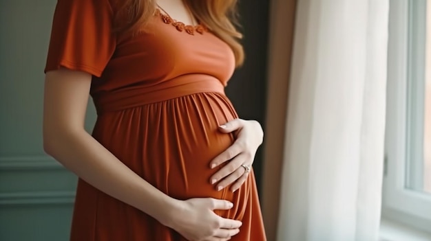 Femme tenant la main sur le ventre lorsqu'elle est enceinte Concept génératif de grossesse et d'attente de grossesse