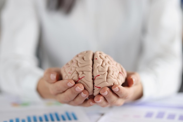 Femme tenant sur les mains deux morceaux de cerveau humain femelle montrent la plénitude sur l'esprit de la personne