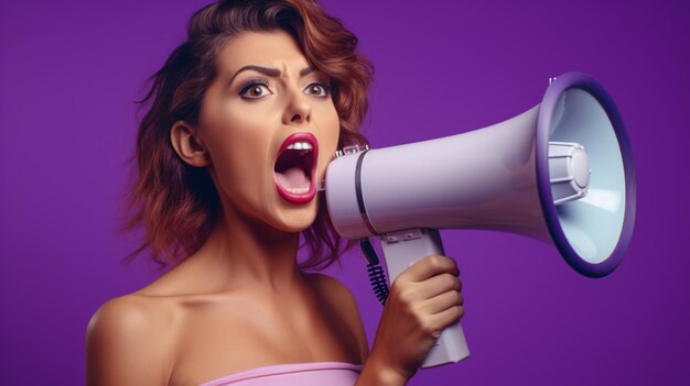 une femme tenant un mégaphone debout sur un fond violet