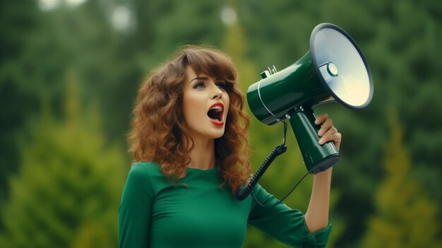 Photo une femme tenant un mégaphone debout sur pine green