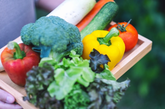 Une femme tenant un mélange de légumes frais dans un plateau en bois