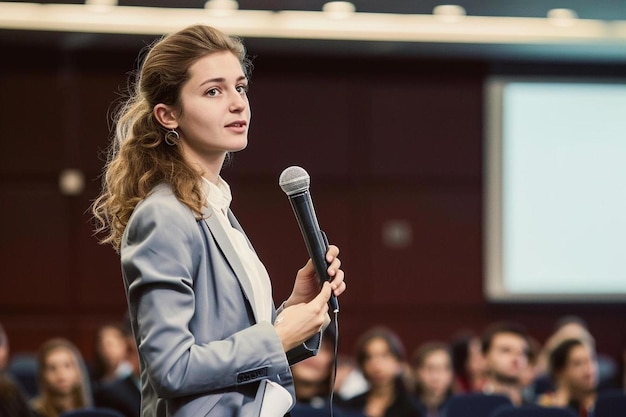 une femme tenant un microphone devant une foule