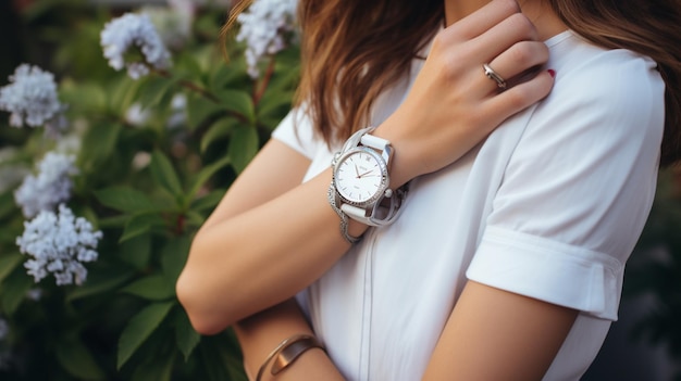 une femme tenant une montre sur un fond blanc