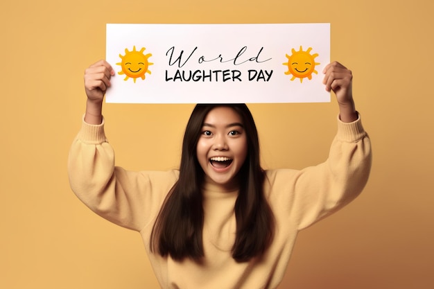 Une femme tenant une pancarte indiquant que vous êtes une image générative du jour du rire