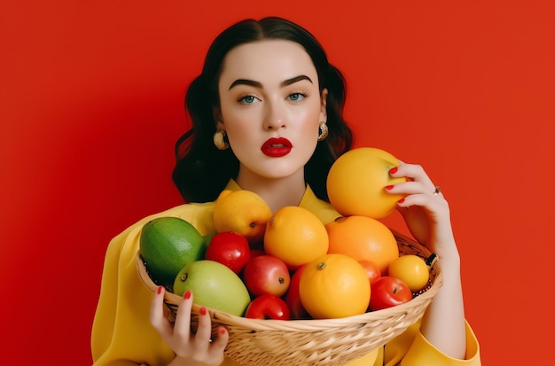 Une femme tenant un panier de fruits devant un fond rouge.