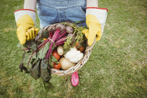 Femme tenant un panier de légumes fraîchement récoltés dans le jardin