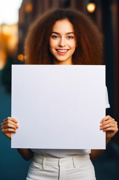 Femme tenant un panneau blanc avec un sourire sur son visage AI générative