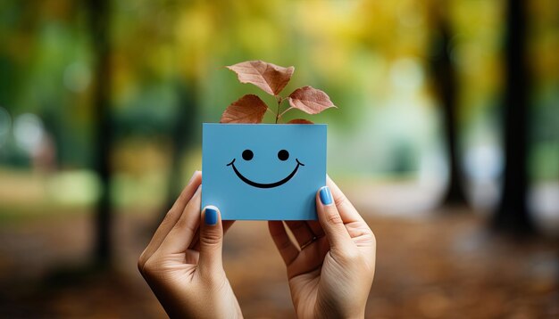 une femme tenant un papier avec un smiley dessus