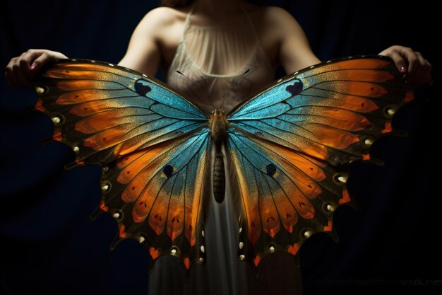 Photo une femme tenant un papillon dans ses mains