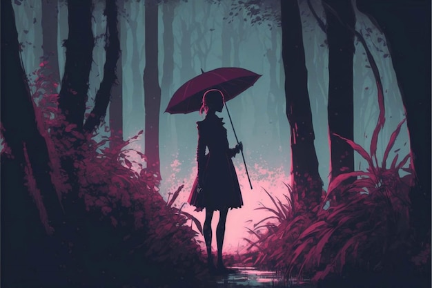 Femme tenant un parapluie dans une forêt générative ai