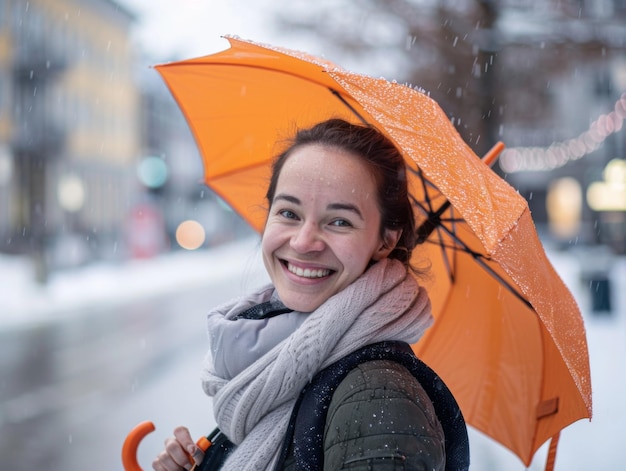 Une femme tenant un parapluie orange dans la neige