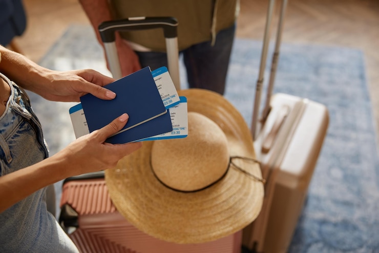 Photo femme tenant un passeport et un billet avec carte d'embarquement sur des sacs à bagages emballés