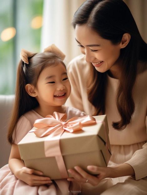 une femme tenant une petite fille et souriant avec une boîte à cadeaux qui dit joyeux anniversaire