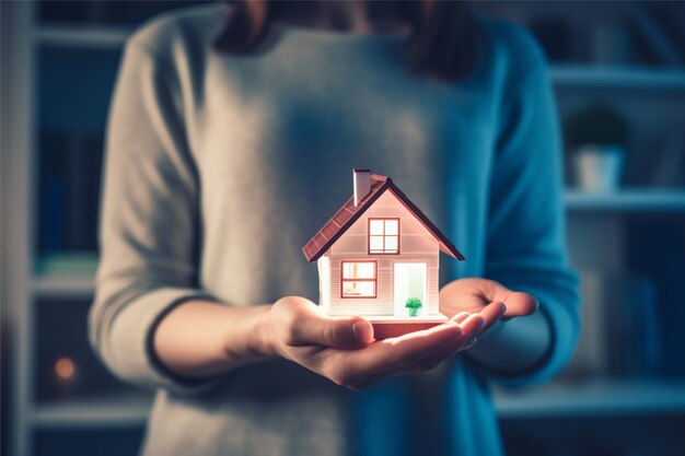 Une femme tenant une petite maison intelligente