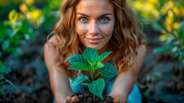 Une femme tenant une plante dans ses mains