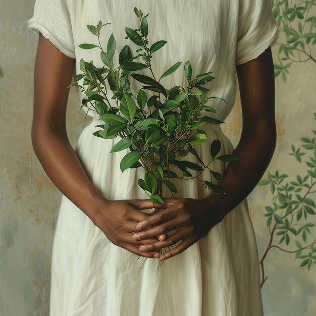 Photo une femme tenant une plante avec des feuilles dans ses mains