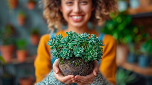 Une femme tenant une plante en pot