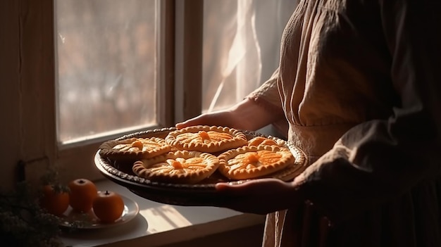 Une femme tenant un plateau de tartes aux pêches