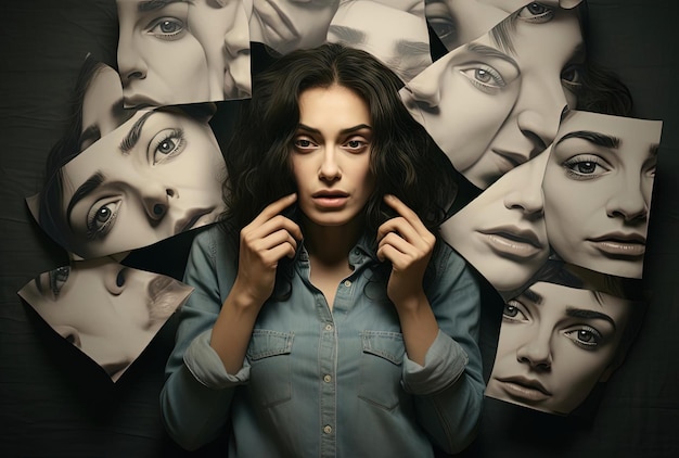 Photo une femme tenant plusieurs visages sur une affiche dans le style d'un complexe émotionnel