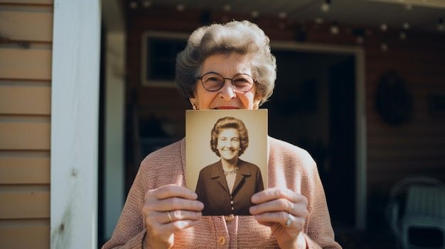 Femme tenant sa photo vintage devant la maison Illustratrice AI générative