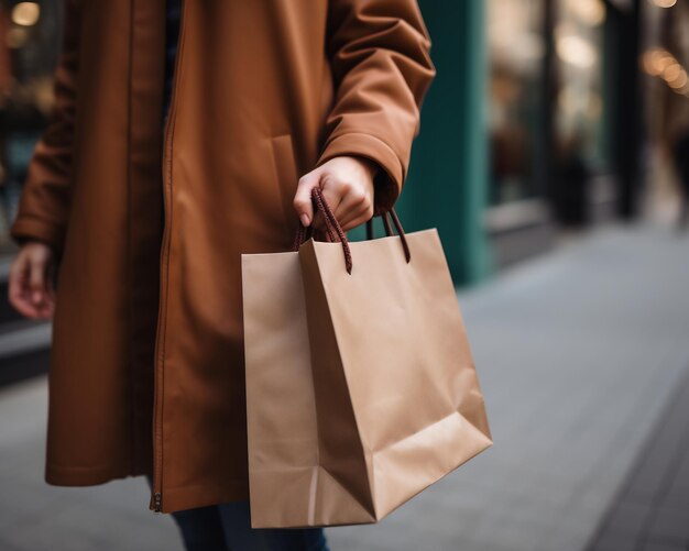 Une femme tenant un sac d'achat brun