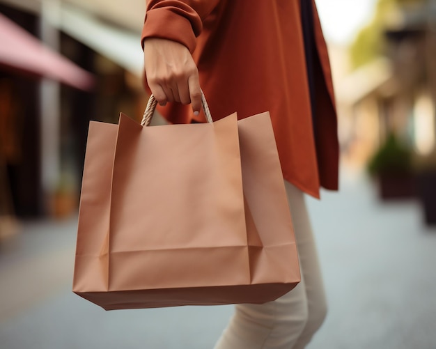 Une femme tenant un sac d'achat brun