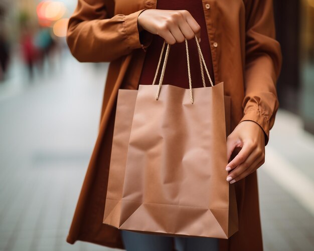 Une femme tenant un sac d'achat brun