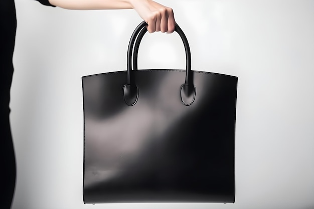 Une femme tenant un sac noir qui dit "le sac"