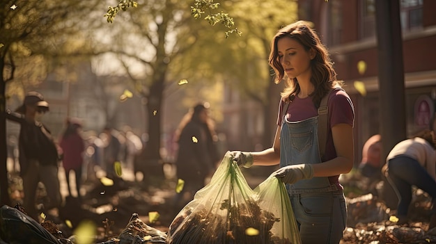 Femme tenant un sac d'ordures dans le parc après le nettoyage