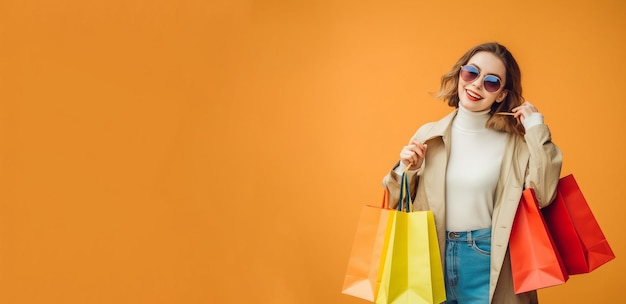 Une femme tenant des sacs à provisions devant un fond orange