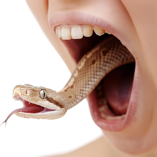 Une femme tenant un serpent dans la bouche