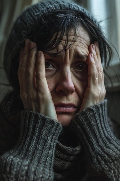 une femme tenant ses mains devant son visage