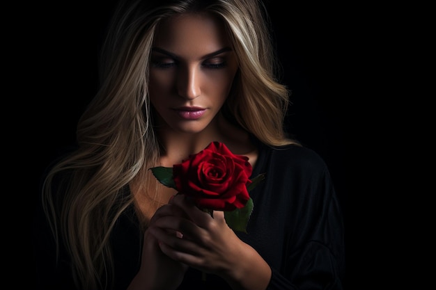 Une femme tenant une seule rose avec une expression contemplative