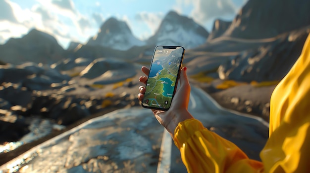 Photo une femme tenant un smartphone avec une application de carte sur l'écran en arrière-plan, il y a un magnifique paysage de montagne