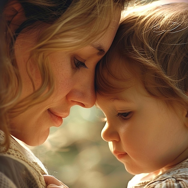 Une femme tenant son enfant dans ses bras se regardant avec un regard d'amour et de tendresse.