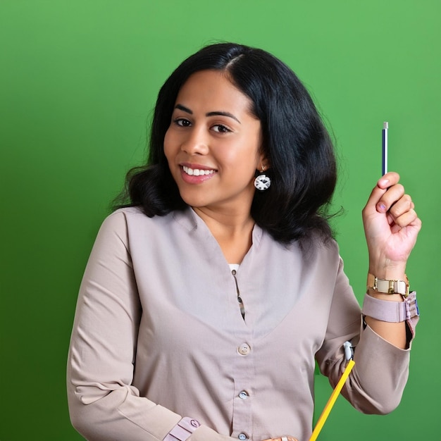 une femme tenant un stylo à la main et un fond vert