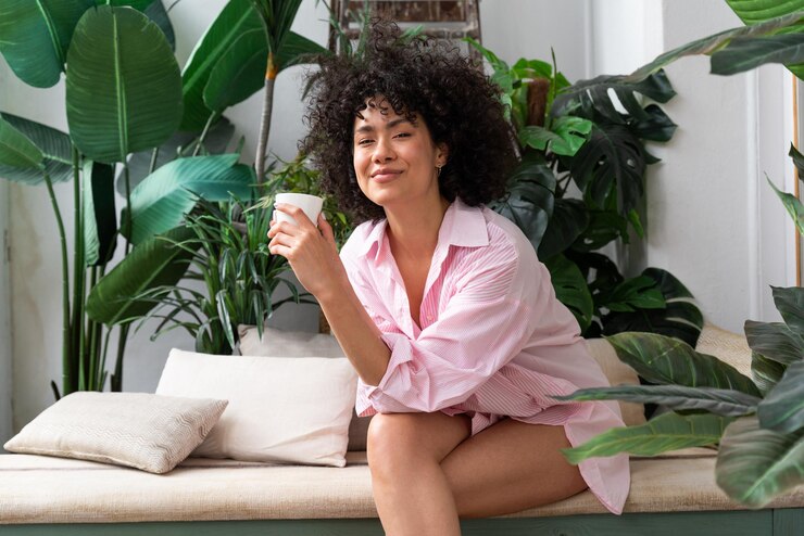 Photo une femme tenant une tasse de café assise sur un banc