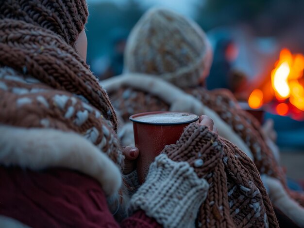 Photo une femme tenant une tasse de café au feu