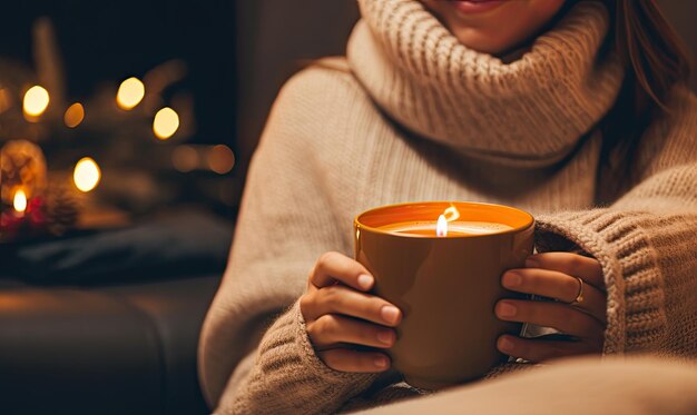 Femme tenant une tasse de café avec une bougie allumée